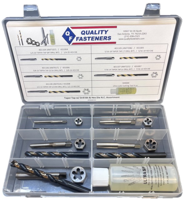 TAPER TAP W/DRILL BIT AND HEX DIE ASSORTMENT (1/4-20 - 1/2-13 N.C. THREAD) - Tap, Drill, and Die Sets
